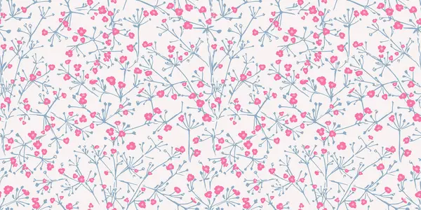 Vektör el, hafif bir arka planda kusursuz bir desen ile birbirine dolanmış dalları olan küçük çiçekler çizdi. Küçük sevimli çiçek sapları baskısı. Tasarım, tekstil, yüzey tasarımı, kumaş şablonu