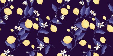 Sarı limonlu tropikal desen, yapraklı dalda. Vektör el çizimi. Soyut sanatsal narenciye meyve baskısı pürüzsüz siyah bir arkaplanda iç içe geçmiş..