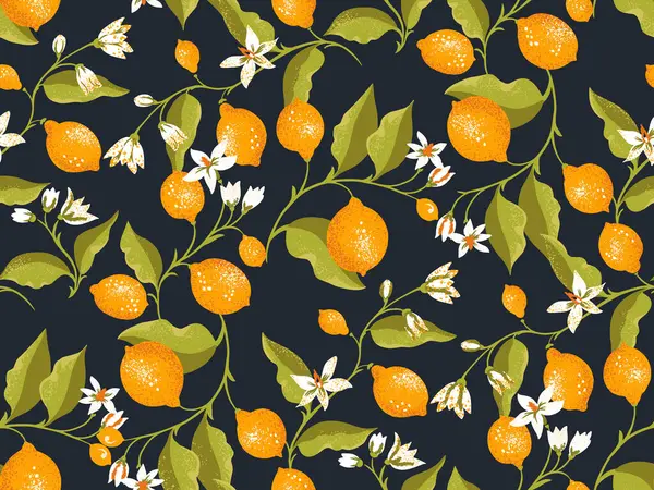 Çiçek açan sarı limonlu tropikal, yeşil yapraklı ve tomurcuklu limonlar. Vektör el çizimi. Siyah arkaplanda soyut sanatsal meyve yinelendi.
