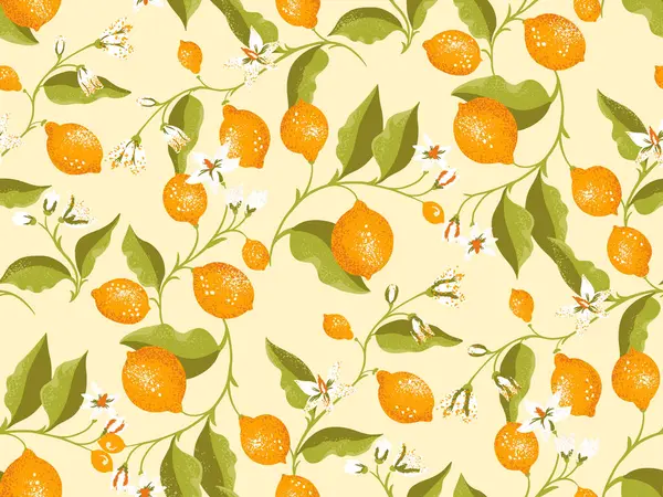 Çiçek açan sarı limonlu tropikal, yeşil yapraklı ve tomurcuklu limonlar. Vektör el çizimi. Soyut sanatsal yaz meyvesi yinelenen arka plan. Tekstil mutfağı için tasarımlar