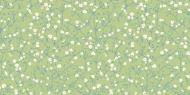 Pastel çiçek açan küçük bitkiler yeşil ve temiz bir zemin üzerinde pürüzsüz desen oluşturuyor. Vektör el çizimi. Soyut desenler, küçük dalları, küçük çiçek desenleriyle şekillendirir. Tasarım, kumaş ve tekstil için süs