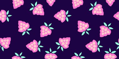 Abstract pink shapes scattered randomly on a seamless pattern on a dark background. Creative minimalist small forms with tiny dots, drops, spots, snowflakes, circles print. Vector hand drawing sketch.