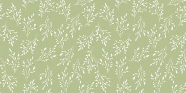 Yumuşak dalları ve küçük yaprakları olan pürüzsüz bir desen. Yeşil ve temiz bir arkaplanda küçük, soyut bir çiçek kökü var. Vektör el çizimi. Tasarım ve kumaş için basit bir süs.