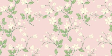 Yabani çiçek saplı pastel baskı. Soyut sanatsal şekiller dalları çiçeklerle, tomurcuklarla, yapraklarla sarmalanmış kusursuz bir şablona dönüştürür. Vektör el çizimi. Süs veya tasarım, kumaş, tekstil