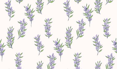 Küçük çiçek tomurcukları olan soyut, sanatsal dallar, dikişsiz ve küçük yapraklar rastgele dağılmış. Yaratıcı vahşi çiçek kökleri arka planda iz bırakıyor. Vektör el çizimi.