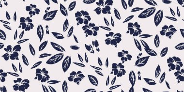 Siyah ve beyaz küçük çiçekler, küçük yapraklar, tomurcuklar rastgele saçılmış, pürüzsüz bir desen. Soyut çift renkli düz siluet çiçek desenli baskı. Vektör el çizimi. Tekstil ve kumaş için doğa süsü