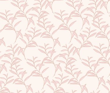 Pastel dikişsiz desen ve çizgi yaprağı sapları. Soyut, sanatsal dallar açık bej bir arkaplanda iz bırakır. Vektör el çizimi. Tasarımlar, tekstil, moda, kumaş şablonu