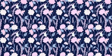 Koyu mavi bir arka planda pembe, çiçek açan, pürüzsüz bir desen. Çürük çiçekli soyut sanatsal dallar, küçük yapraklar, küçük tomurcuklar. Vektör el çizimi. Tasarımlar için şablon