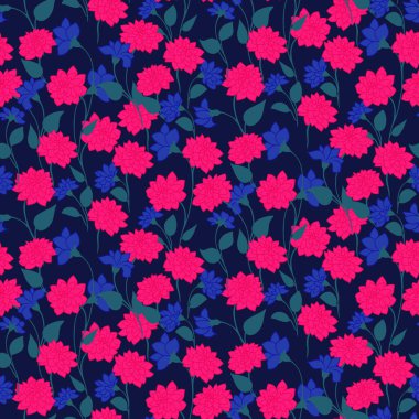 Karanlık bir arka planda, dikişsiz bir desen açan yabani çayır. Çürük çiçekli soyut sanatsal dallar, küçük yapraklar, renkli küçük tomurcuklar. Vektör el çizimi. Tasarımlar için şablon