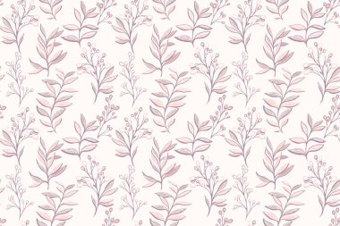 Soyut sanatsal şekilli pastel desenler yaprak sapları, açık bej arkaplanda böğürtlenler. Eşsiz bitkiler çağdaş, kusursuz izler. Vektör el çizimi. Tasarım