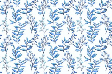 Soyut sanatsal şekiller yaprak sapları, dalda eşsiz böğürtlenler. Yaratıcı mavi botanik çağdaş, beyaz arka planda kusursuz iz. Vektör el çizimi. Kumaş için tasarımlar