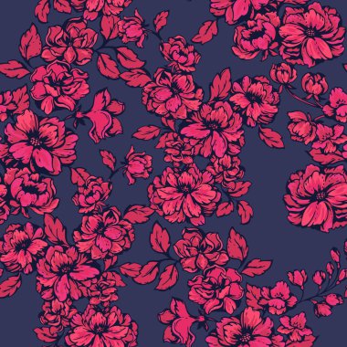 Koyu bir arka planda çiçekli, pürüzsüz bir çayır deseni. Sanatsal soyut çiçek baskısı. Vektör çizimi. Yaratıcı stil biçimli yabani çiçekler. Kumaş, moda, tekstil tasarımı