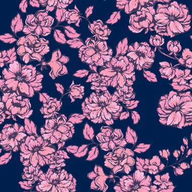 Koyu bir arka planda çiçekli, pürüzsüz bir desen. Soyut sanatsal yabani çiçek baskısı. Vektör el çizimi. Kumaş, moda, tekstil tasarımı