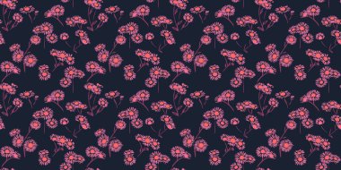 Küçük dalları olan yaz şablonu. Siyah bir arka planda papatya çiçeği. Soyut sanatsal desensiz çiçek deseni. Vektör el çizimi. Moda, kumaş, duvar kağıdı, tekstil için tasarım,