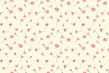 Kırmızı, küçük yabani çiçekler ve küçük tomurcuklar rastgele dağılmış, pürüzsüz bir desen. Aydınlık bir arkaplanda soyut sanatsal çiçek izi. Vektör el çizimi. Moda, kumaş ve tekstil için tasarım