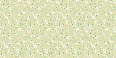 Pastel yeşil nane desenli, küçük çiçekler ve küçük tomurcuklar. Soyut sanatsal çiçekli, dikişsiz ışık deseni. Vektör el çizimi. Moda, kumaş, duvar kağıdı, tekstil için tasarım,