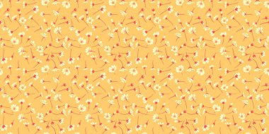 Küçük çiçekleri ve tomurcukları olan sarı yaz şablonu. Soyut sanatsal desensiz çiçek deseni. Vektör el çizimi. Moda, kumaş, duvar kağıdı, tekstil için tasarım,