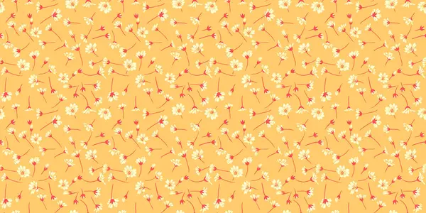 Küçük çiçekleri ve tomurcukları olan sarı yaz şablonu. Soyut sanatsal desensiz çiçek deseni. Vektör el çizimi. Moda, kumaş, duvar kağıdı, tekstil için tasarım,