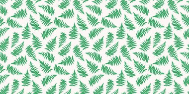 Soyut sanatsal eğreltiotu yapraklı düz desen. Vektör el çizimi. Beyaz bir arka planda yeşil, küçük, dikişsiz bir iz. Tasarım, tekstil, kumaş, duvar kağıdı, etiket, ambalaj için şablon