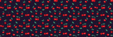 Küçük yaprak desenli soyut sanatsal minik kiraz. Yaratıcı kırmızı böğürtlen, meyve, yeşil yaprak, siyah arka planda kusursuz iz. Vektör el çizimi. Kumaş için tasarım süsü