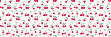 Küçük yapraklı, küçük kirazlı, yaratıcı bir yaz ışığı deseni. Soyut sanatsal kırmızı böğürtlenler, meyveler, beyaz arka planda dikişsiz yapraklar. Vektör el çizimi. Tasarım süsü
