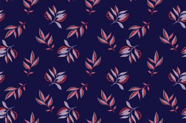 Soyut sanatsal küçük dallar koyu mavi bir arka planda iz bırakır. Vektör el çizimi. Yaratıcı eşsiz bitkiler. Tekstil, kağıt, kapak, kumaş şablonu.