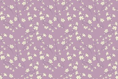 Soyut sanatsal dalları, küçük çiçekleri ve küçük tomurcukları olan pastel mor deseni. Yumuşak yabani çiçekler, açık mor bir arka planda pürüzsüz izler bırakır. Vektör el çizimi. Basit bir süs.
