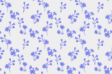 Mavi çiçekleri çizen vektör el, dikişsiz desen çiziyor. Hafif arkaplanda küçük çiçek desenli soyut sanatsal dallar. Tasarım, moda, yüzey tasarımı, kumaş için basit doğa süsü