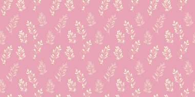 Soyut küçük dalları ve küçük çiçek tomurcukları olan pastel pembe desenler. Damlaları, noktaları, lekeleri olan yaratıcı küçük çiçek sapları. Vektör el çizimi. Tekstil ve kumaş için minimalist süs