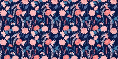 Koyu mavi bir arka planda renksiz, renksiz bir çayır deseni. Yaratıcı çiçekli soyut sanat dalları, küçük yapraklar, küçük tomurcuklar. Vektör el çizimi. Tasarımlar için şablon