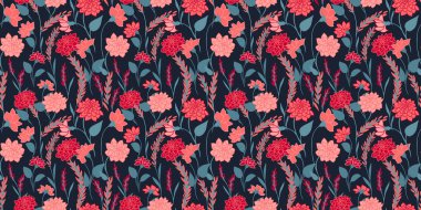 Siyah bir arka planda renklendirilmiş vahşi çayır deseni. Kırmızı çiçekli soyut sanatsal dallar, küçük yapraklar, küçük tomurcuklar. Vektör el çizimi. Tasarımlar için şablon