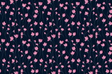 Yaratıcı pembe çiçekler arka planda desen oluşturur. Küçük çiçekli soyut sanatsal dallar. Küçük tomurcuklar pürüzsüz bir baskıyla birbirine dolanmış. Vektör el çizimi. Tasarımlar için basit bir süs