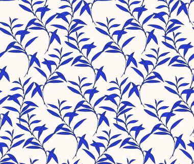 Yaratıcı mavi yaprak pürüzsüz bir desen oluşturur. Soyut sanatsal küçük dallar arka planda iz bırakır. Vektör el çizimi. Tasarım, tekstil, moda, yüzey tasarımı, kumaş şablonu