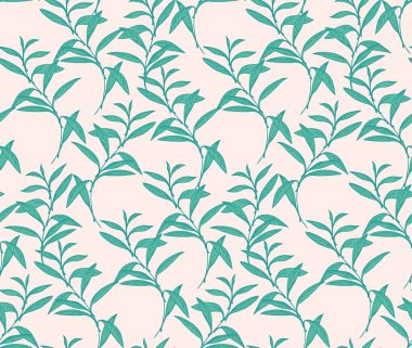 Soyut sanatsal minik yaprak dikişsiz desen oluşturur. Eşsiz yeşil dallar arka planda iz bırakıyor. Vektör el çizimi. Tasarım, tekstil, moda, yüzey tasarımı, kumaş şablonu