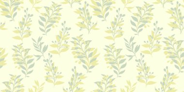 Yeşil nane desenli ve soyut şekilli dallar açık arkaplanda. Vektör el çizimi. Basit yaratıcı çiçek sapları pastel dikişsiz iz bırakır. Moda, kumaş ve tekstil için tasarım