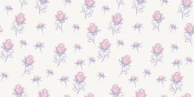 Soyut küçük gül tomurcukları, küçük güller, küçük tomurcuklar ile Pastel retro dikişsiz desen. Hafif bir arka planda rastgele dağılmış şirin çiçek desenleri. Vektör el çizimi. Süsleme tekrarlandı
