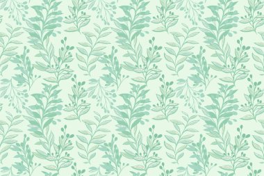 Şekil verilmiş sanat dalları, soyut şekilli yaprakları olan pastel nane desenleri. Yaratıcı çiçek kökü, çağdaş, pürüzsüz yazıcıdır. Vektör el çizimi. Kumaş, kapak, tekstil tasarımları
