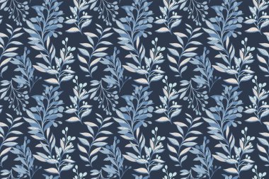 Yaratıcı dalları olan tek renkli mavi desenli, soyut şekilli koyu arkaplanda yapraklar. Şekillendirilmiş çiçek sapları pürüzsüz. Vektör el çizimi. Kumaş ve tekstil tasarımları