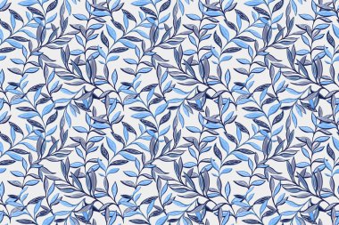 Benzersiz dalları olan soyut sanatsal orman deseni desen. Yaratıcı mavi bitkiler arka planda pürüzsüz bir iz bırakırlar. Vektör el çizimi. Tasarım