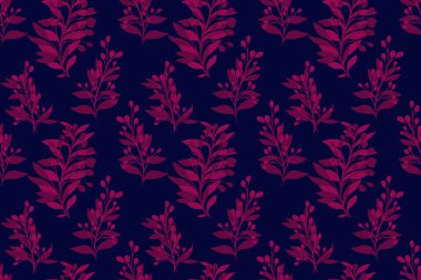 Düz tropikal desenli soyut şekilli dallar koyu arkaplanda yapraklar. Vektör el çizimi. Yaratıcı burgundy çiçeğinin kökü pürüzsüz. Moda, kumaş, duvar kağıdı için tasarım