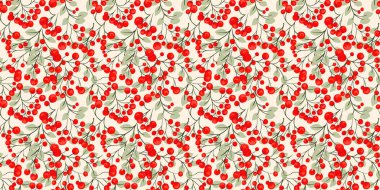 Kırmızı böğürtlenli ve yapraklı soyut sanatsal dallar renksiz desenlerle sarmalanmış. Stylize ardıç, boxwood, viburum, dut izi. Renkli botanik çizimi.