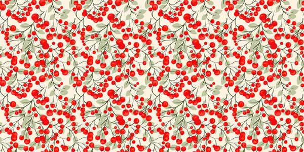 Kırmızı böğürtlenli ve yapraklı soyut sanatsal dallar renksiz desenlerle sarmalanmış. Stylize ardıç, boxwood, viburum, dut izi. Renkli botanik çizimi.