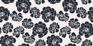 Kusursuz desenli, soyut şekilli düğün çiçekleri, nonoşlar. Çift renkli siluet çiçek izi. Vektör el çizildi. Tasarımlar için siyah ve beyaz doğa süsü