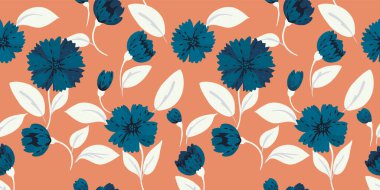 Soyut eşsiz çiçekler ve terakotta arka planında pürüzsüz desenler bırakıyor. Vektör el, yaratıcı, geniş çiçek desenli. Tasarımlar için süs, çocuklar için tekstil, defter kapağı