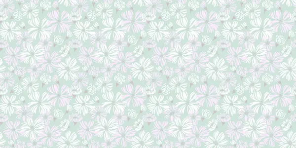 Soyut şekilli papatya çiçekli nane yeşili desen. Vektör el çizimi. Çiçek desenli çiçek deseni. Yaz ya da bahar otlağı. Moda, kumaş ve tekstil için doğa süsü tasarımı