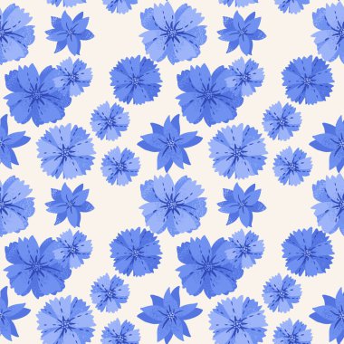 Mavi, büyük, dikişsiz çiçek deseni. Vektör El, soyut şekillendirilmiş papatya çiçeği deseni çizmiş. Tasarım, kumaş ve tekstil için çağdaş süs