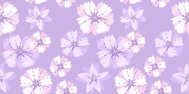 Menekşe arka planında Pastel mor egzotik çiçek deseni. Vektör el çizilmiş büyük çiçek deseni. Tasarım, kumaş, tekstil ve kapak için çağdaş süsler