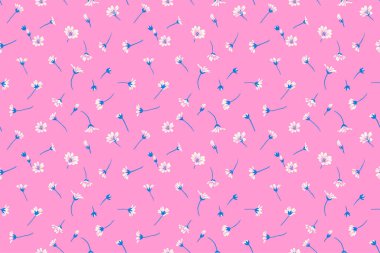 Rastgele etrafa saçılmış küçük çiçekler ve küçük tomurcuklarla en az pürüzsüz desen. Pembe arka planda soyut sanatsal vahşi çiçek baskısı. Vektör el çizimi. Moda, kumaş için tasarım