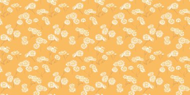 Küçük dalları olan yaz desenli papatya çiçekleri klasik turuncu arka planda. Soyut sanatsal yaban çiçekli dikişsiz baskı. Vektör el çizimi. Moda, kumaş ve tekstil için tasarım