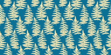 Soyut sanatsal dallar eğreltiotu yapraklarını dikişsiz bırakır. Vektör el çizimi. Turkuaz arka planda şekillendirilmiş yaprak izleri. Tasarımlar, tekstil, kumaş ve kapak için basit bir süs.